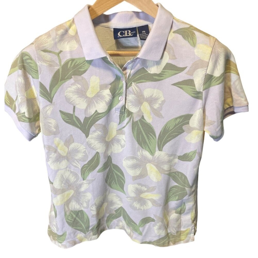 CB Casual Tropical Lavender Floral Short Sleeve Polo Shirt Sz MP